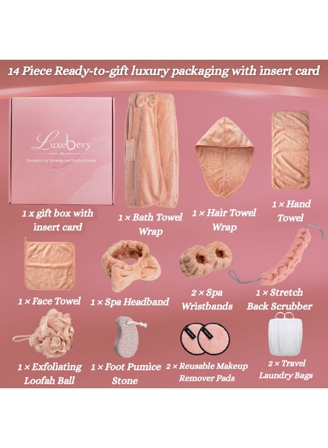 Luxebevy 14-Piece Spa Bath Gift Set for Women – Luxury Pink Coral Fleece Towel Wrap, Hair Towel, Loofah, Back Scrubber, Makeup Pads & More – Premium Bathroom Accessories Gift Box for Birthday & Valentines Day - Image 2